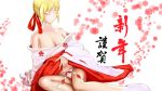  1girl ahoge blonde_hair breasts closed_eyes fate/stay_night fate_(series) highres japanese_clothes kimono kissbaby large_breasts navel panties partially_undressed saber solo underwear 