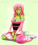  1girl ;d blush bottle breasts cleavage green_skin happy_new_year japanese_clothes kimono long_hair looking_at_viewer new_year off_shoulder one_eye_closed open_mouth original pink_hair razalor red_eyes sitting smile socks solo teeth wariza white_legwear 