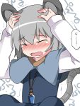  1girl ^_^ animal_ears blue_dress blush capelet closed_eyes commentary_request cowering dress grey_hair hammer_(sunset_beach) hands_on_own_head jewelry mouse_ears mouse_tail nazrin open_mouth pendant solo tail tears touhou 