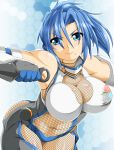  1girl bare_shoulders blue_eyes blue_hair bodysuit borrowed_character breasts cleavage fishnet_bodysuit gauntlets kokujuuji large_breasts mole mole_under_mouth navel see-through solo 