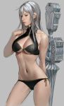  1girl breasts cleavage front-tie_top grey_background highres idnar navel selvaria_bles senjou_no_valkyria side-tie_bottom silver_hair solo underboob_cutout 