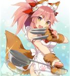  1girl @_@ agsen animal_ears bell bell_collar breasts caster_(fate/extra) cleavage collar fangs fate/grand_order fate_(series) fox_ears fox_tail gradient gradient_background hair_ribbon knife large_breasts long_hair looking_at_viewer open_mouth pink_hair ribbon solo tail tamamo_cat_(fate/grand_order) yellow_eyes 