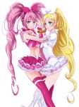  2girls blonde_hair blue_eyes boots bow braid crop_top cure_melody cure_rhythm frilled_skirt frills green_eyes hair_bow houjou_hibiki knee_boots long_hair looking_at_viewer magical_girl minamino_kanade multiple_girls nof pink_bow pink_hair pink_legwear pink_skirt precure skirt suite_precure thigh-highs twintails white_background white_boots white_bow white_skirt wrist_cuffs 