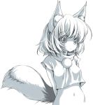  1girl animal_ears arms_behind_back bangs blush crop_top eyebrows eyebrows_visible_through_hair inubashiri_momiji looking_at_viewer midriff monochrome navel pom_pom_(clothes) seidou_(tukinomiyako) short_hair simple_background solo tail touhou turtleneck upper_body white_background white_hair wolf_ears 