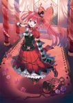  birdcage bokura_wa_mahou_shoujo_no_naka cage chain detached_sleeves eihi flower gothic_lolita hat heart jumping lolita_fashion long_hair looking_at_viewer open_mouth red_eyes red_shoes red_skirt redhead retsuzane rose shoes skirt smile striped striped_legwear throne twintails v 