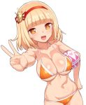  &gt;:d 1girl :d bangs bare_shoulders bikini blonde_hair blunt_bangs breasts character_request collarbone copyright_request hairband looking_at_viewer midriff navel open_mouth short_hair sideboob simple_background smile swimsuit tenchisouha under_boob v yellow_bikini yellow_eyes 