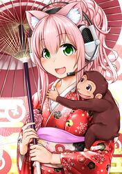  1girl alternate_hairstyle animal_ears blush cat_ears ganari_ryuu green_eyes headphones highres japanese_clothes kimono long_hair looking_at_viewer monkey nengajou new_year open_mouth oriental_umbrella pink_hair smile solo super_tama_musume tamatoys umbrella 