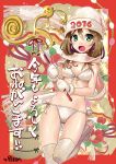  1girl 2016 :d arrow bell bikini breasts brown_hair front-tie_top green_eyes hamaya hat jingle_bell katahira_masashi looking_at_viewer mittens new_year open_mouth original scarf side-tie_bikini smile solo swimsuit thigh-highs white_bikini white_legwear white_swimsuit 