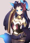  1girl animal_ears bell black_hair black_legwear blue_eyes blush breasts cleavage detached_sleeves grey_background hair_ornament hairclip long_hair looking_at_viewer ni02_(asahi_nini) original pantyhose simple_background sleeves_past_wrists solo tail 