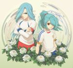  2boys blue_eyes blue_hair brown_eyes edgar_valtinas flower hair_over_one_eye inazuma_eleven inazuma_eleven_(series) kazemaru_ichirouta long_hair male_focus multiple_boys ponytail short_hair soccer_uniform sportswear yukasummer 