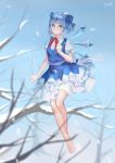  1girl absurdres barefoot bespectacled blue_dress blue_eyes blue_hair bow cirno dress flying forest glasses hair_bow highres ice ice_wings kamachi_kamachi-ko legs nature puffy_short_sleeves puffy_sleeves sash shirt short_hair short_sleeves smile snow snowing solo touhou wings 
