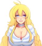  1girl :d blonde_hair blue_eyes braid breasts choker cleavage long_hair open_mouth original razalor shirt simple_background smile solo striped striped_shirt teeth twin_braids white_background 