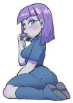  1girl bangs blue_eyes blunt_bangs blush expressionless from_behind grey_skin hono1212 looking_at_viewer maud_pie my_little_pony my_little_pony_friendship_is_magic personification purple_hair short_hair simple_background sitting solo wariza white_background 