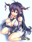  1girl bare_shoulders black_gloves black_hair breasts danua detached_sleeves dress fingerless_gloves gloves granblue_fantasy horn_ornament horns large_breasts long_hair long_sleeves moro_(eiyu) neckerchief pointing pointing_at_viewer sitting solo thumb_sucking very_long_hair violet_eyes wariza white_dress 