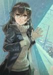  1girl brown_eyes brown_hair city coat glasses gloves hair_ornament hairpin long_hair looking_at_viewer naro0427 smile snow snowing solo train_station turtleneck waving 
