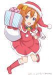  1girl :d artist_name bell blue_eyes boots bow box christmas dated full_body gift gift_box gloves ha-ru hair_bow hat kousaka_honoka looking_at_viewer love_live!_school_idol_project open_mouth orange_hair outstretched_arm over_shoulder pom_pom_(clothes) red_boots red_gloves sack santa_boots santa_costume santa_gloves santa_hat side_ponytail simple_background smile solo twitter_username white_background 