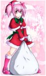  1girl alina_pegova boots bow capelet christmas flat_chest full_body gloves hair_bow hat kaname_madoka knee_boots mahou_shoujo_madoka_magica pink_eyes pink_hair red_gloves santa_costume santa_hat short_twintails smile solo standing twintails v_arms 