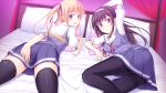  2girls black_hair black_legwear black_ribbon blonde_hair blue_eyes blue_skirt fukadou_magorona hair_ribbon highres indoors kasumigaoka_utaha long_hair lying multiple_girls on_side on_stomach panties pleated_skirt ribbon saenai_heroine_no_sodatekata sawamura_spencer_eriri school_uniform skirt smile thigh-highs twintails underwear violet_eyes 