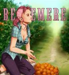 1girl bellemere breasts character_name cigarette cleavage coreymill food fruit highres leaf one_piece orange pink_hair sitting solo tree 