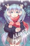  1girl :d absurdres blue_eyes blue_hair breath bunny_hair_ornament coat earmuffs english fur_trim gift hair_ornament hatsune_miku highres long_hair long_sleeves looking_at_viewer merry_christmas mittens object_hug open_mouth pleated_skirt revision scarf skirt smile snowflakes solo thigh-highs thigh_gap twintails very_long_hair vocaloid xiao_chichi zettai_ryouiki 