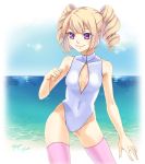  1girl beach blonde_hair breasts competition_swimsuit drill_hair front_zipper_swimsuit ocean one-piece_swimsuit original purple_legwear skindentation smile solo swimsuit tenjou_tsuki thigh-highs twin_drills violet_eyes water 