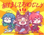  2016 3girls :3 ahoge animal_ears blue_hair bow brooch brown_hair chibi cloak dress drill_hair fangs frilled_kimono frills guuchama hair_bow head_fins highres imaizumi_kagerou japanese_clothes jewelry kimono long_hair long_sleeves mermaid monster_girl multiple_girls nekoarc nekoarc_kagerou o_o obi open_mouth paws red_eyes redhead ringlets sash sekibanki short_hair skirt slit_pupils smile touhou wakasagihime wide_sleeves wolf_ears yellow_eyes 