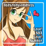  1girl adjusting_glasses bare_shoulders blue_background breasts brown_hair cleavage collarbone glasses green_eyes hair_ornament hairclip heart long_hair off_shoulder red_shirt rimless_glasses shirt simple_background sleeveless sleeveless_shirt smile solo sophia_esteed star_ocean star_ocean_till_the_end_of_time upper_body 