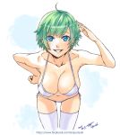  1girl bare_shoulders bikini blue_eyes breasts cleavage collarbone green_hair grin large_breasts looking_at_viewer midriff original salute short_hair side-tie_bikini sketch smile solo swimsuit thigh-highs white_bikini white_legwear white_swimsuit 