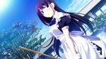  1girl black_hair game_cg grisaia_no_kajitsu long_hair maid outdoors sakaki_yumiko sky solo tree violet_eyes 