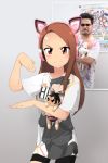  1boy 1girl bike_shorts black_hair blush brown_hair cat_ear_headphones character_doll facial_hair ganryu_(tekken) glasses harada_katsuhiro idolmaster john_su long_hair minase_iori photo poster_(object) reference_photo shirt stuffed_animal stuffed_bunny stuffed_toy sweatdrop t-shirt tekken 