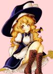  1girl apron black_dress blonde_hair boots broom broom_riding cross-laced_footwear dress frilled_dress frills hat highres juliet_sleeves kirisame_marisa long_hair long_sleeves puffy_sleeves short_sleeves smile solo tikano touhou waist_apron witch_hat yellow_eyes 
