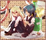  2boys adjusting_another&#039;s_hair alcohol blonde_hair blue_hair bowtie brown_eyes champagne hair_over_one_eye inazuma_eleven inazuma_eleven_(series) inumaru_akagi kazemaru_ichirouta long_hair male_focus multiple_boys ponytail red_eyes sausage shoes vest 