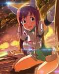  1girl :d blush idolmaster idolmaster_million_live! lens_flare long_hair mecha narumi_nanami open_mouth power_suit rapier sitting smile solo sunset sword tanaka_kotoha weapon 