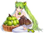  1girl dress green_eyes green_hair hatsune_miku kinchee long_hair looking_at_viewer simple_background sitting solo thigh-highs twintails very_long_hair vocaloid wariza white_background 