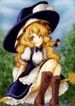  1girl apron black_dress blonde_hair boots broom broom_riding cross-laced_footwear dress forest frilled_dress frills hat highres juliet_sleeves kirisame_marisa long_hair long_sleeves nature puffy_sleeves short_sleeves smile solo tikano touhou tree waist_apron witch_hat yellow_eyes 