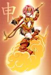  1girl :d breasts brown_eyes cleavage fingerless_gloves flying_nimbus genderswap gloves hairband highres holding journey_to_the_west looking_at_viewer monkey_tail navel open_mouth original pink_hair short_hair smile solo staff sun_wukong tk8d32 year_of_the_monkey 