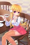  1girl bad_perspective bangs blonde_hair bow chair cookie cup danu_kim dress_shirt eating food hair_ornament hairclip high-waist_skirt looking_at_viewer neck_ribbon orange_legwear pink_eyes plate pleated_skirt ribbon rumi shirt skirt solo suspenders sword_girls table tea teacup thigh-highs wavy_hair 