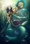 1girl air_bubble blonde_hair breasts center_opening fins floating_hair frills full_body gorget helmet highres holding_weapon jewelry league_of_legends long_hair mermaid monster_girl nami_(league_of_legends) outstretched_arm red_eyes revision scales seaweed signature solo staff swimming underwater yume_ou 