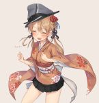  1girl blonde_hair hair_ornament hat japanese_clothes kantai_collection kimono long_hair metindone open_mouth peaked_cap prinz_eugen_(kantai_collection) smile solo twintails 