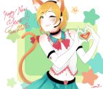  1girl 2016 animal_ears cat_ears cat_tail emi-tan fake_animal_ears green_eyes hoshizora_rin love_live!_school_idol_project navel new_year one_eye_closed orange_hair short_hair solo tail 