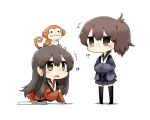  !? /\/\/\ 2girls akagi_(kantai_collection) all_fours black_hair brown_hair chibi flat_gaze grey_eyes highres japanese_clothes kaga_(kantai_collection) kantai_collection kimono long_hair long_sleeves monkey multiple_girls rebecca_(keinelove) side_ponytail surprised very_long_hair wide_sleeves 