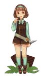  alternate_costume androgynous brown_eyes brown_hair chara_(undertale) chocolate hairband knife llicornia mint open_mouth overalls reverse_grip ribbon spoilers tagme undertale 