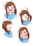  1girl ahoge angry blush brown_eyes brown_hair character_sheet embarrassed expressions hair_ornament hairclip highres laughing long_hair looking_at_viewer nagomiya_(shousha) nisekoi onodera_haru open_mouth school_uniform side_ponytail solo white_background 
