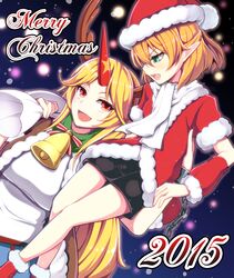  2015 2girls alternate_costume arm_warmers blonde_hair green_eyes hat highres horn hoshiguma_yuugi long_hair merry_christmas mizuhashi_parsee multiple_girls night open_mouth pointy_ears red_eyes rishi_(ugati028) sack santa_costume santa_hat scarf shirt short_hair skirt smile t-shirt touhou 