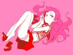  1girl fetal_position idolmaster idolmaster_million_live! kitazawa_shiho long_hair looking_at_viewer lying nanairosakura panties pink pink_panties simple_background skirt socks_removed solo underwear 