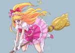  1girl :d asahina_mirai blonde_hair blue_background boots bow broom broom_riding chocokin cure_miracle gloves hair_bow hairband half_updo hat knee_boots long_hair magical_girl mahou_girls_precure! mini_hat open_mouth pink_skirt ponytail precure red_bow signature skirt smile solo violet_eyes white_boots white_gloves 