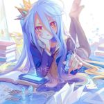  1girl :&lt; achyue argyle bishop_(chess) black_legwear blonde_hair blue_hair blush book book_stack card chess_piece copyright_name crown game_console green_hair hair_between_eyes hand_on_own_cheek head_rest hearts_(playing_card) holding indoors king_(chess) knight_(chess) long_hair long_sleeves looking_at_viewer lying multicolored_eyes no_game_no_life no_shoes on_stomach open_book playing_card red_eyes revision school_uniform serafuku shiro_(no_game_no_life) solo spade thigh-highs very_long_hair yellow_eyes 