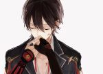  2boys black_hair closed_eyes ear_studs earrings hand_kiss horikawa_kunihiro izumi-no-kami_kanesada jewelry kiss male_focus multiple_boys solo_focus touken_ranbu wonkrin yaoi 