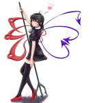  1girl ahoge asymmetrical_hair asymmetrical_wings black_dress black_hair black_legwear dress full_body fuwatoro_(enemy-of-society) highres houjuu_nue looking_at_viewer polearm red_eyes red_shoes shoes short_dress small_breasts solo thigh-highs tongue tongue_out touhou trident weapon wings zettai_ryouiki 