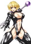  blonde_hair blue_eyes breasts cleavage cowboy_shot large_breasts leotard looking_at_viewer navel open_mouth original short_hair shoulder_pads simple_background smash_daisaku staff white_background 